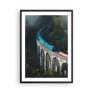 Poster în ramă neagră - Un tren albastru trece peste un viaduct pitoresc - 50x70cm - Cu trenul spre natură - Decorațiune modernă pentru perete pentru living și dormitor ARTTOR