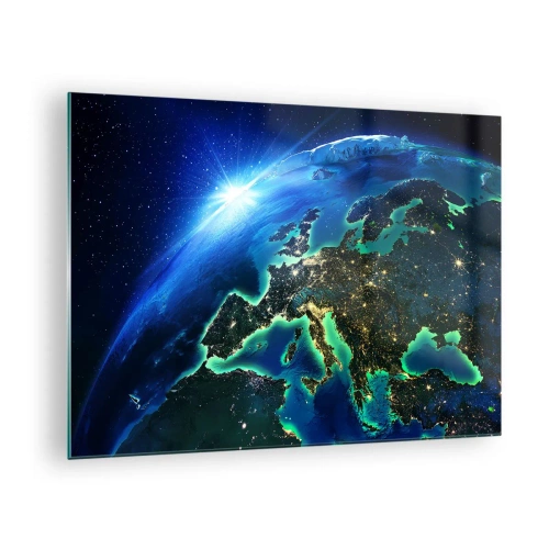 Tablou pe sticlă - Vedere a Pământului din spațiu cu Europa strălucind noaptea - 70x50cm - O Europă scânteietoare - Decorațiune modernă pentru perete pentru living și dormitor ARTTOR