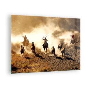 Tablou pe sticlă - Cowboy călare în praf la un rodeo - 70x50cm - Un vest cu adevărat sălbatic - Decorațiune modernă pentru perete pentru living și dormitor ARTTOR