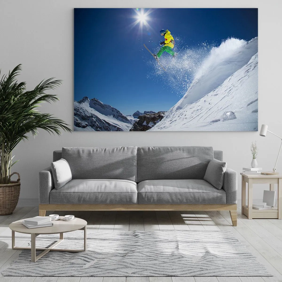 Tablou pe sticlă - Un schior în acțiune pe fundalul munților acoperiți de zăpadă - 70x50cm - Dansând cu munții - Decorațiune modernă pentru perete pentru living și dormitor ARTTOR