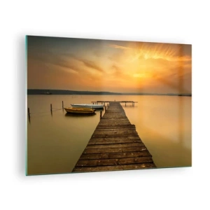 Tablou pe sticlă - Dig pe lac la apus cu o barcă - 70x50cm - Îți voi deschide cerul de aur - Decorațiune modernă pentru perete pentru living și dormitor ARTTOR