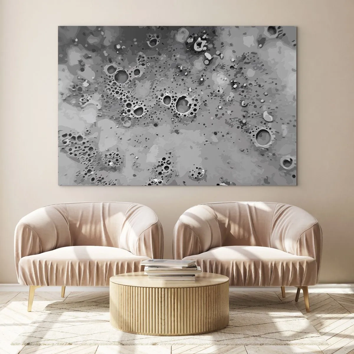 Tablou pe sticlă - Un model abstract care seamănă cu suprafața lunii în nuanțe de gri. - 70x50cm - Ca un peisaj lunar - Decorațiune modernă pentru perete pentru living și dormitor ARTTOR