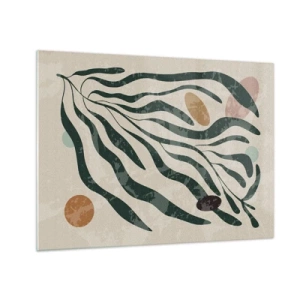 Tablou pe sticlă - Forme organice în verde pe un fundal bej - 70x50cm - În mijlocul vegetației - Decorațiune modernă pentru perete pentru living și dormitor ARTTOR