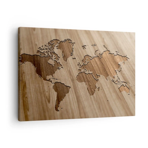 Tablou pe pânză Canvas - O hartă a lumii decupată pe o suprafață de lemn - 70x50cm - Lumea servită pe masă - Decorațiune modernă pentru perete pentru living și dormitor ARTTOR