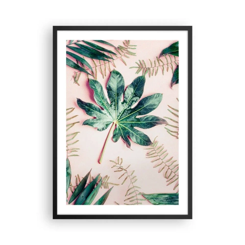 Poster în ramă neagră - Frunze în diferite nuanțe de verde pe un fundal roz - 50x70cm - Studiu de verdeață pe un fundal roz - Decorațiune modernă pentru perete pentru living și dormitor ARTTOR