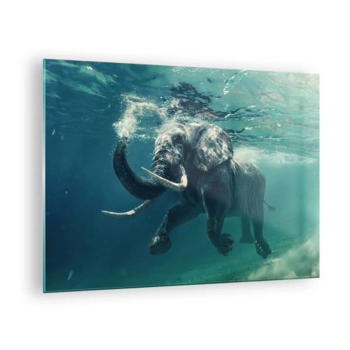 Tablou pe sticlă - Un elefant înotând sub apă în oceanul albastru - 70x50cm - Tuturor le place să înoate - Decorațiune modernă pentru perete pentru living și dormitor ARTTOR