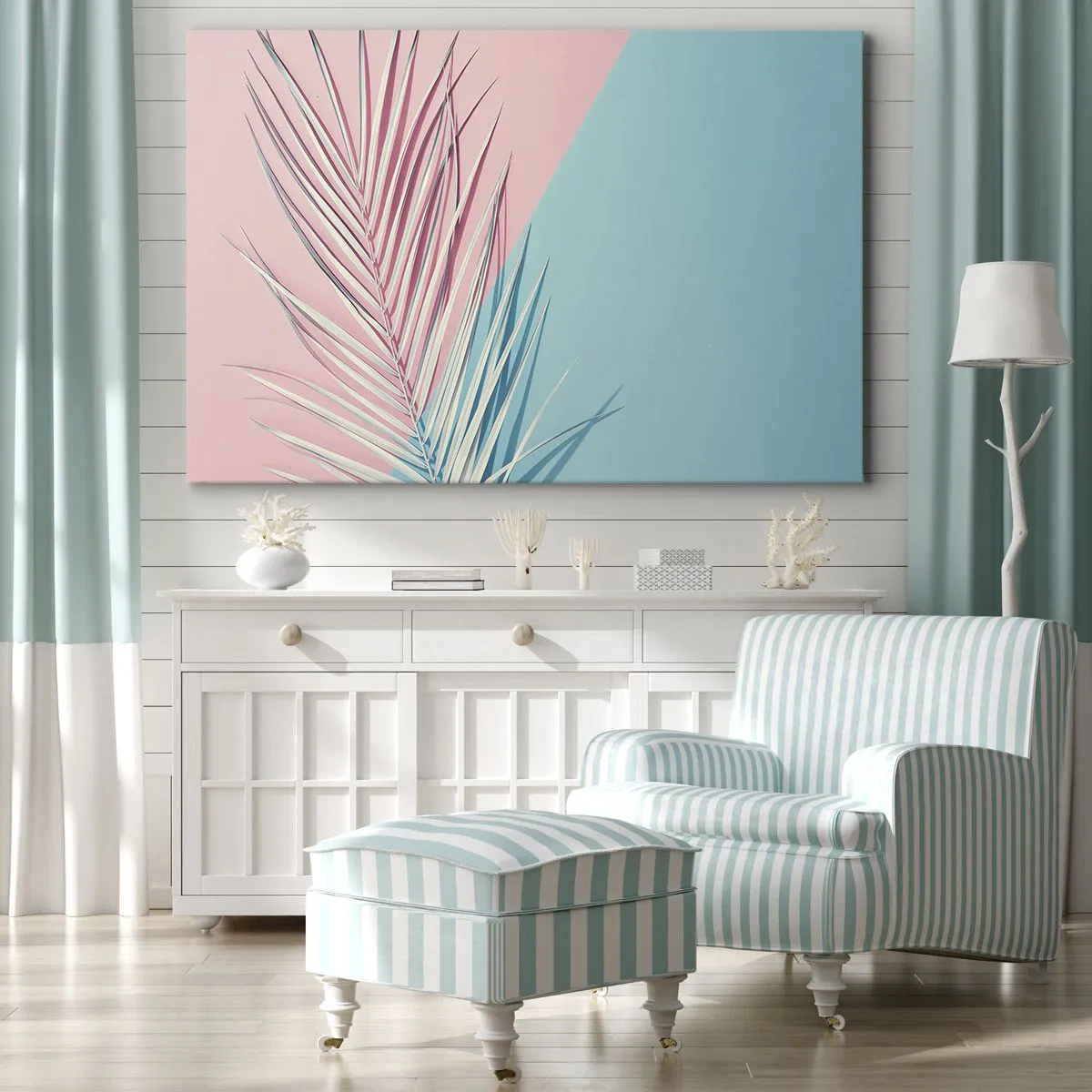 Tablou pe pânză Canvas - Frunză tropicală pe un fundal de nuanțe pastelate de roz și albastru - 70x50cm - Impresie tropicală - Decorațiune modernă pentru perete pentru living și dormitor ARTTOR