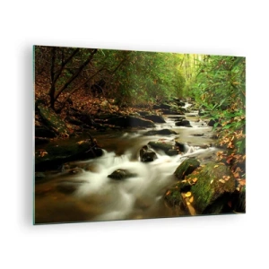 Tablou pe sticlă - Un pârâu în pădure înconjurat de pietre și frunze - 70x50cm - Ca argintul lichid - Decorațiune modernă pentru perete pentru living și dormitor ARTTOR