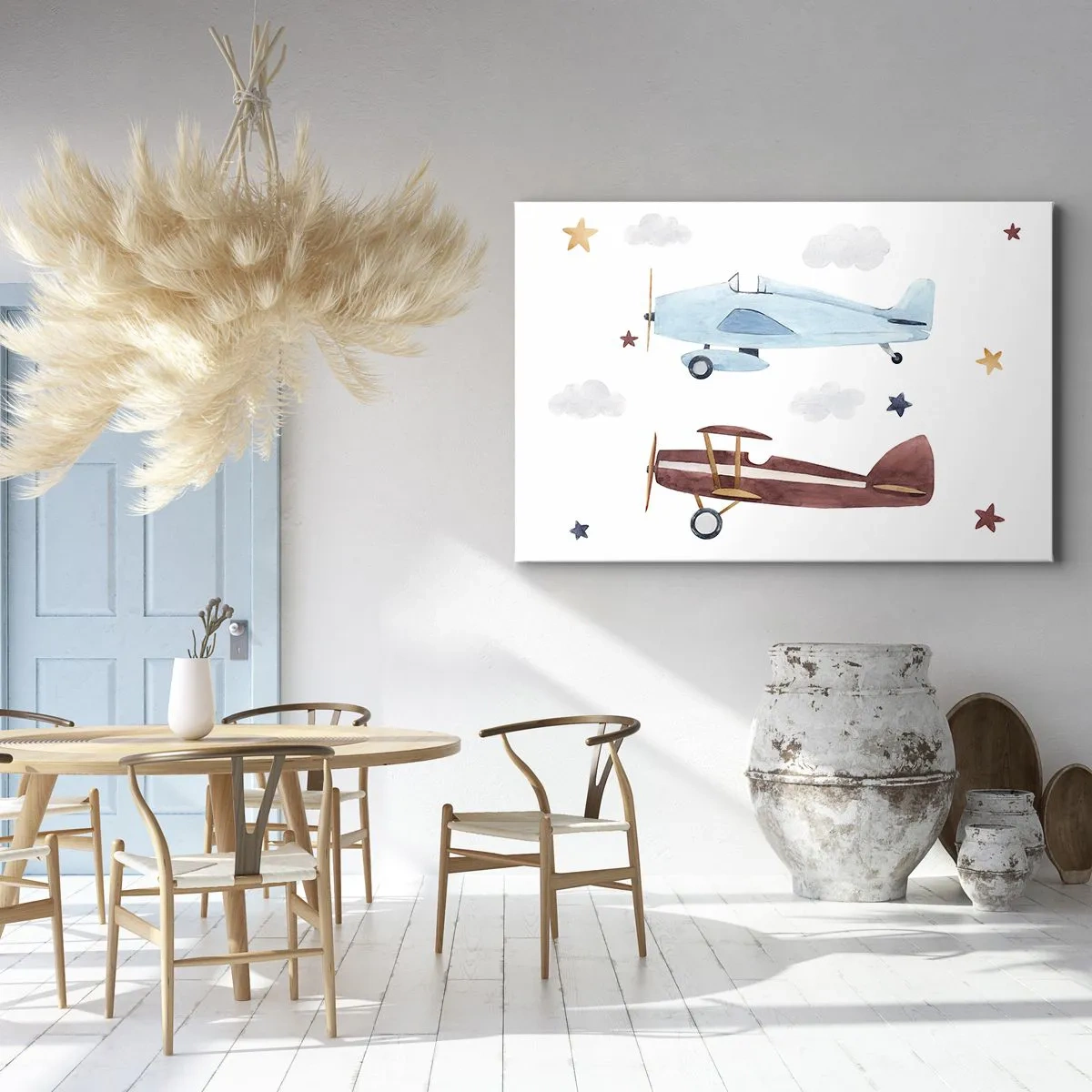 Tablou pe pânză Canvas - Avioane pictate manual pe un fundal de nori și stele - 70x50cm - Domnule Pilot, vă așteptăm! - Decorațiune modernă pentru perete pentru living și dormitor ARTTOR