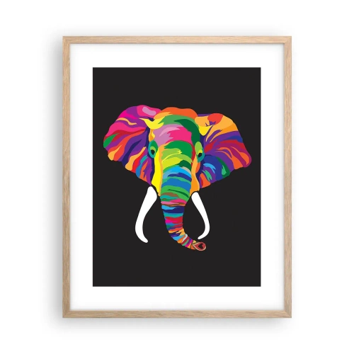 Poster în ramă de stejar deschis - Elefantul căruia îi plăcea să se scalde în curcubeu - 40x50 cm