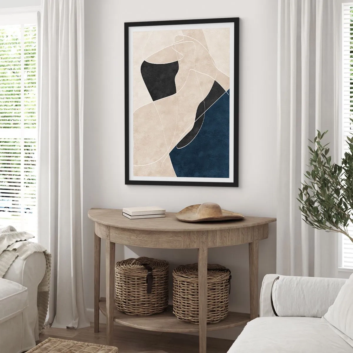Poster în ramă neagră - Abstracție geometrică în nuanțe de bej, negru și bleumarin - 50x70cm - Compoziție abstractă - contrast de culori - Decorațiune modernă pentru perete pentru living și dormitor ARTTOR