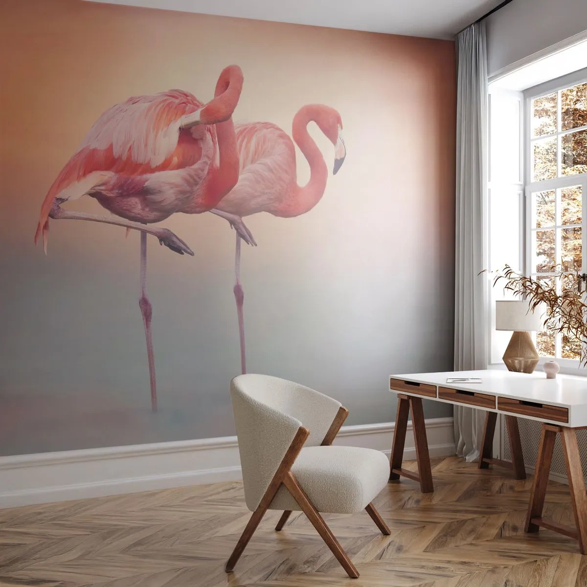 Tapet Premium Sand - În culoarea soarelui care apune - Flamingos, Păsări, Natură - 350x256 cm