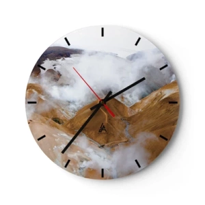 Ceas de perete - Ceas pe sticlă - Peisajul montan al Islandei, cu ceață plutind deasupra văii - 30x30cm - Frumusețea sălbatică a Islandei - Decorațiune modernă pentru perete pentru living, bucătărie și dormitor ARTTOR