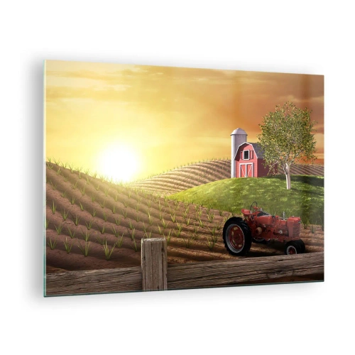 Tablou pe sticlă - Apus de soare peste o fermă cu un câmp și un tractor - 70x50cm - O fermă ca un basm - Decorațiune modernă pentru perete pentru living și dormitor ARTTOR