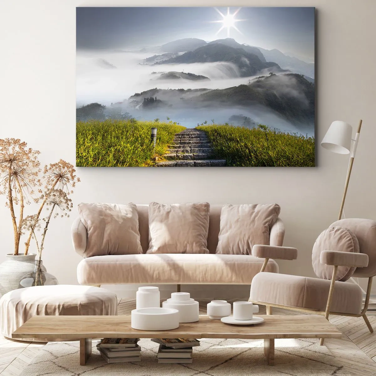 Tablou pe pânză Canvas - Scări de piatră care duc prin munții învăluiți în ceața dimineții - 70x50cm - Tot spre nori - Decorațiune modernă pentru perete pentru living și dormitor ARTTOR