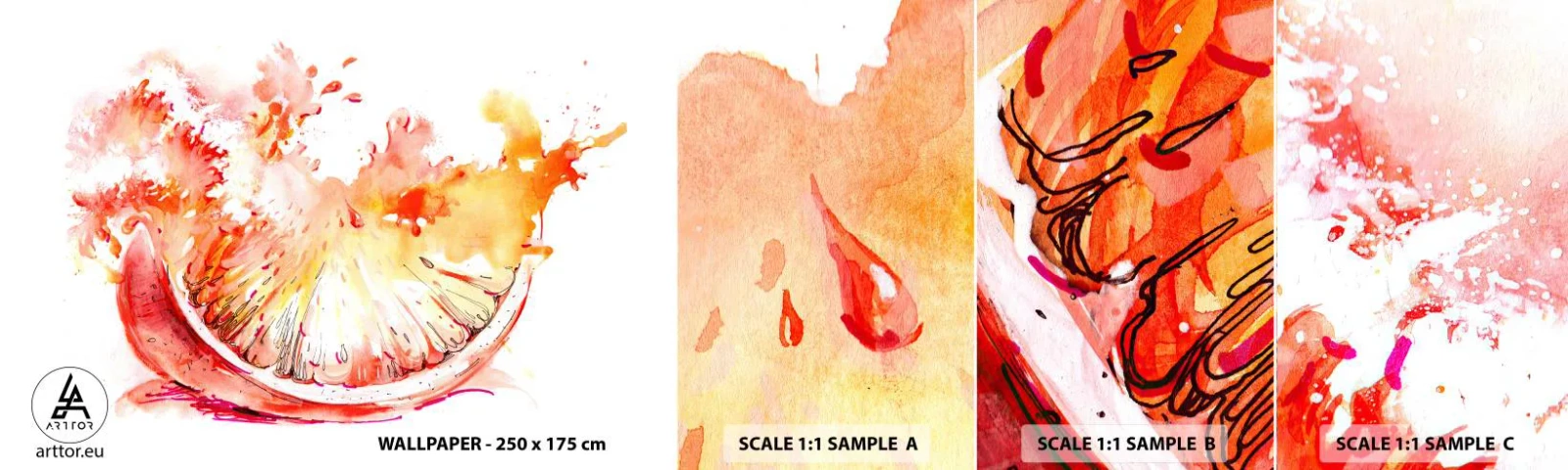 Mostră de Tapet Standard Eco - Răcoritoare suculentă - Abstracția, Portocale, Grafică - 100x30 cm