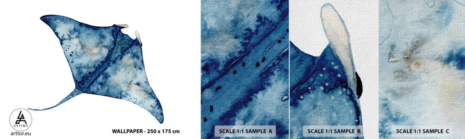 Mostră tapet Premium Canvas - Viața în albastru - Stingray, Peşte, Stil de litoral - 100x30 cm