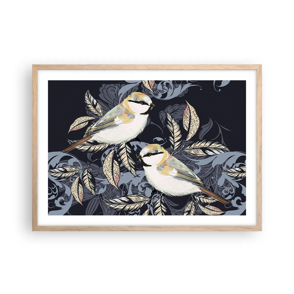 Poster în ramă de stejar deschis - Ciripirile galben-albastru - 70x50 cm