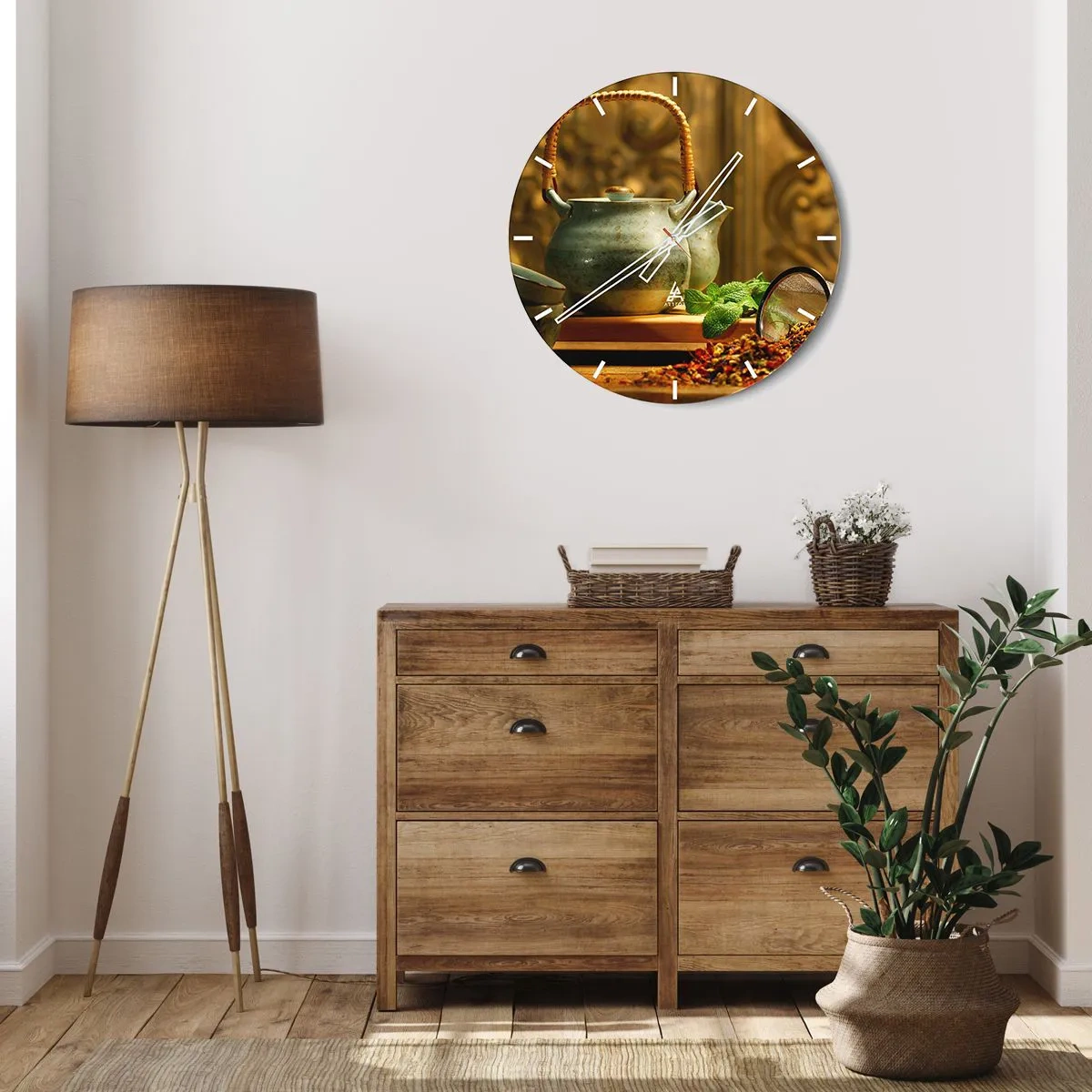 Ceas de perete - Ceas pe sticlă - Ceainic verde cu frunze proaspete de mentă - 30x30cm - Un tratat despre consumul de ceai - Decorațiune modernă pentru perete pentru living, bucătărie și dormitor ARTTOR