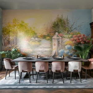 Tapet Standard Eco - grădină fermecătoare cu o alee de piatră și o pompă de apă veche - 100x70cm - În plină înflorire - Decorațiune modernă pentru perete pentru living și dormitor ARTTOR