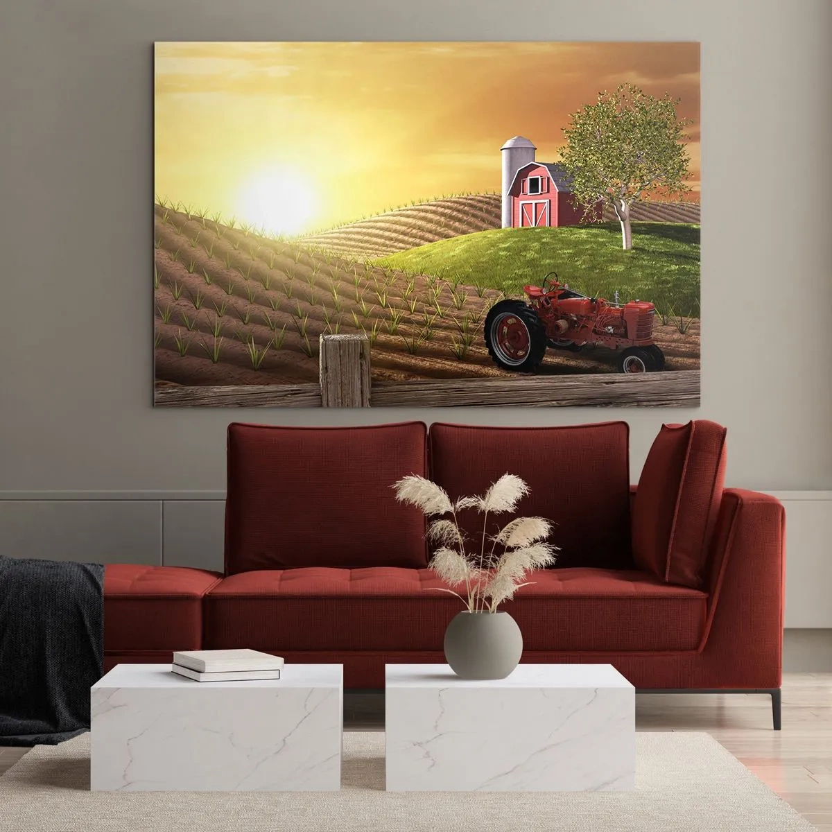 Tablou pe sticlă - Apus de soare peste o fermă cu un câmp și un tractor - 70x50cm - O fermă ca un basm - Decorațiune modernă pentru perete pentru living și dormitor ARTTOR