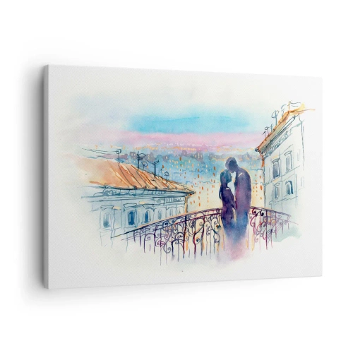 Tablou pe pânză Canvas - Cuplu romantic pe un balcon cu vedere la oraș - 70x50cm - Iubiți parizieni - Decorațiune modernă pentru perete pentru living și dormitor ARTTOR