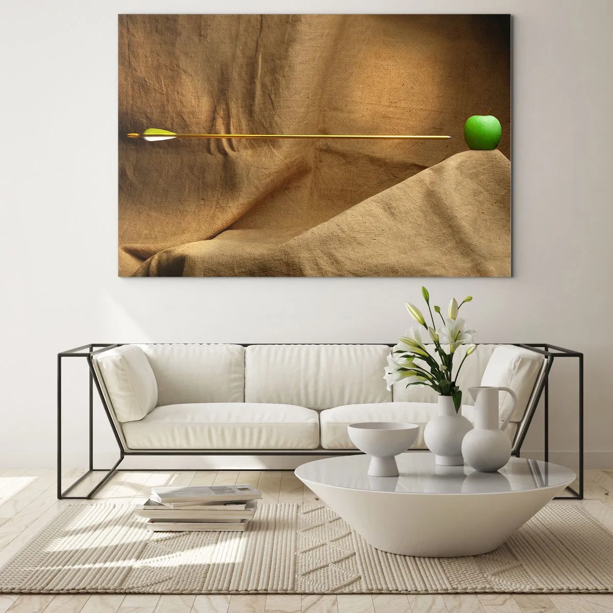Tablou pe sticlă - Un măr verde pe un fundal bej, străpuns de o săgeată. - 70x50cm - Invocă spiritul lui William Tell - Decorațiune modernă pentru perete pentru living și dormitor ARTTOR