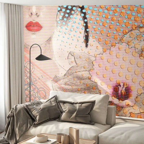 Tapet Standard Eco - Portret feminin pop art cu motiv de orhidee - 100x70cm - Eroină de benzi desenate - Decorațiune modernă pentru perete pentru living și dormitor ARTTOR