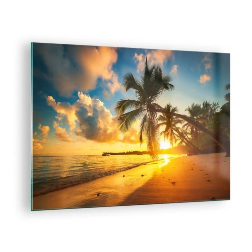 Tablou pe sticlă - Plajă tropicală cu palmieri la apus - 70x50cm - Visul din Caraibe - Decorațiune modernă pentru perete pentru living și dormitor ARTTOR