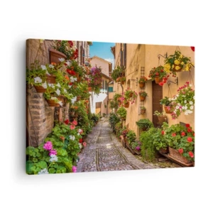 Tablou pe pânză Canvas - O stradă fermecătoare plină de flori și ghivece - 70x50cm - Străduță italiană - Decorațiune modernă pentru perete pentru living și dormitor ARTTOR