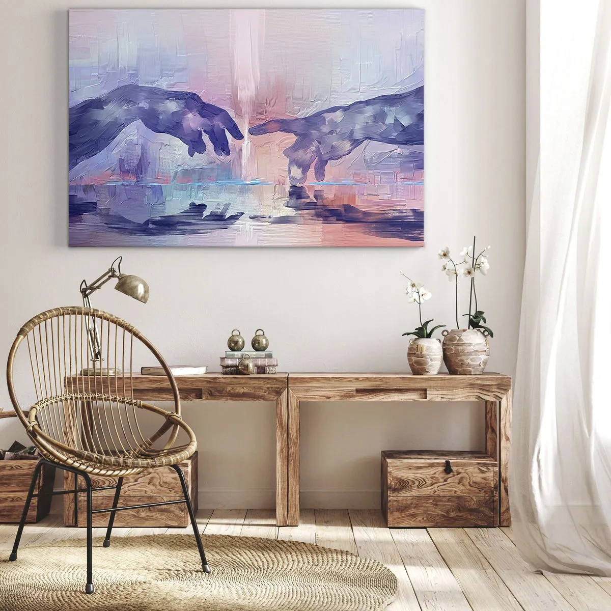 Tablou pe pânză Canvas - Mâini simbolice în culori abstracte, referindu-se la tema creației - 70x50cm - Scânteia divină a vieții - Decorațiune modernă pentru perete pentru living și dormitor ARTTOR