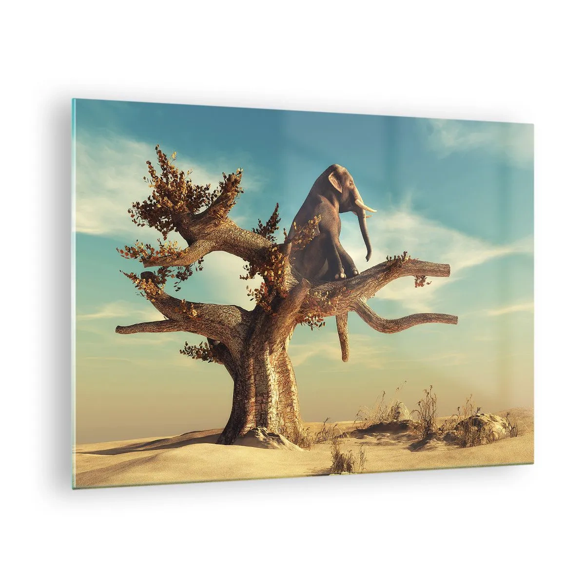 Tablou pe sticlă - Un elefant așezat pe un copac pe fundalul unui deșert - 70x50cm - Un nou punct de vedere - Decorațiune modernă pentru perete pentru living și dormitor ARTTOR