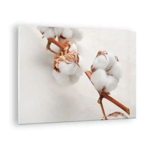Tablou pe sticlă - Prim-plan al unei crengi de bumbac pe un fundal deschis - 70x50cm - Numai îmbrățișări - Decorațiune modernă pentru perete pentru living și dormitor ARTTOR