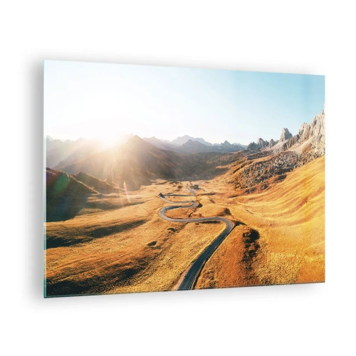 Tablou pe sticlă - Un drum șerpuitor într-o vale aurie luminată de soare - 70x50cm - Într-o vale de aur - Decorațiune modernă pentru perete pentru living și dormitor ARTTOR