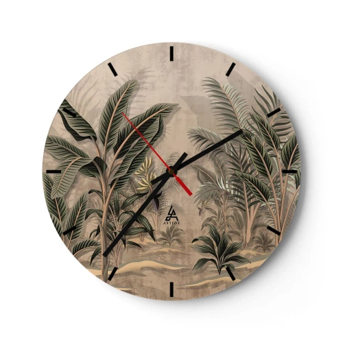 Ceas de perete - Ceas pe sticlă - Vegetație tropicală în stilul unei gravuri pe fundal bej - 30x30cm - Gravură în stil colonial - Decorațiune modernă pentru perete pentru living, bucătărie și dormitor ARTTOR