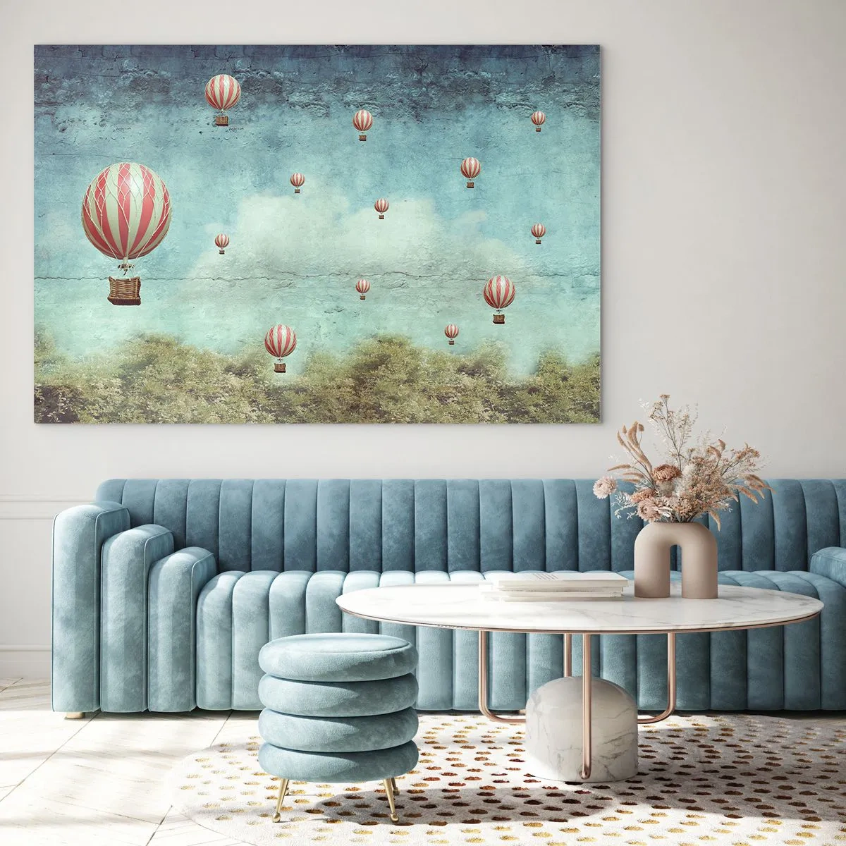 Tablou pe sticlă - Baloane plutind peste un peisaj verde - 70x50cm - Liber de agitația vieții - Decorațiune modernă pentru perete pentru living și dormitor ARTTOR