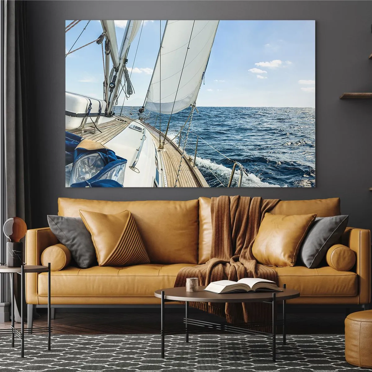 Tablou pe sticlă - Un iaht în largul mării cu pânzele desfășurate - 70x50cm - Ahoy aventura - Decorațiune modernă pentru perete pentru living și dormitor ARTTOR
