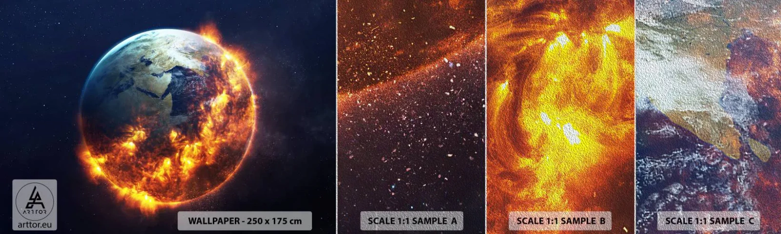 Mostră tapet Premium Sand - Flacăra apocalipsei - Cosmos, Planeta Pământ, Flăcări de foc - 100x30 cm