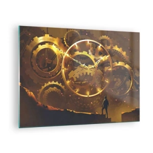 Tablou pe sticlă - Angrenaje steampunk aurii cu iluminare din spate pe fundalul unei siluete umane - 70x50cm - La sursa timpului - Decorațiune modernă pentru perete pentru living și dormitor ARTTOR