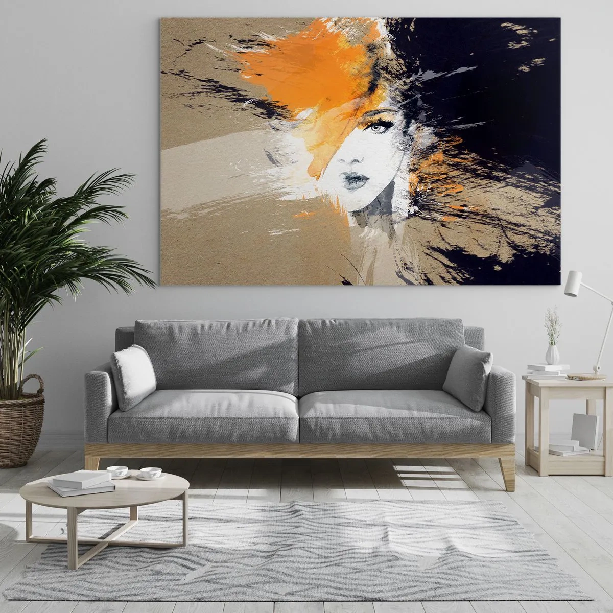 Tablou pe sticlă - Portret abstract al unei femei cu accente portocalii - 70x50cm - Și se face lumină - Decorațiune modernă pentru perete pentru living și dormitor ARTTOR