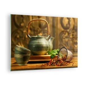Tablou pe sticlă - Set de ceai din ceramică cu ierburi într-un decor clasic - 70x50cm - Un tratat despre consumul de ceai - Decorațiune modernă pentru perete pentru living și dormitor ARTTOR