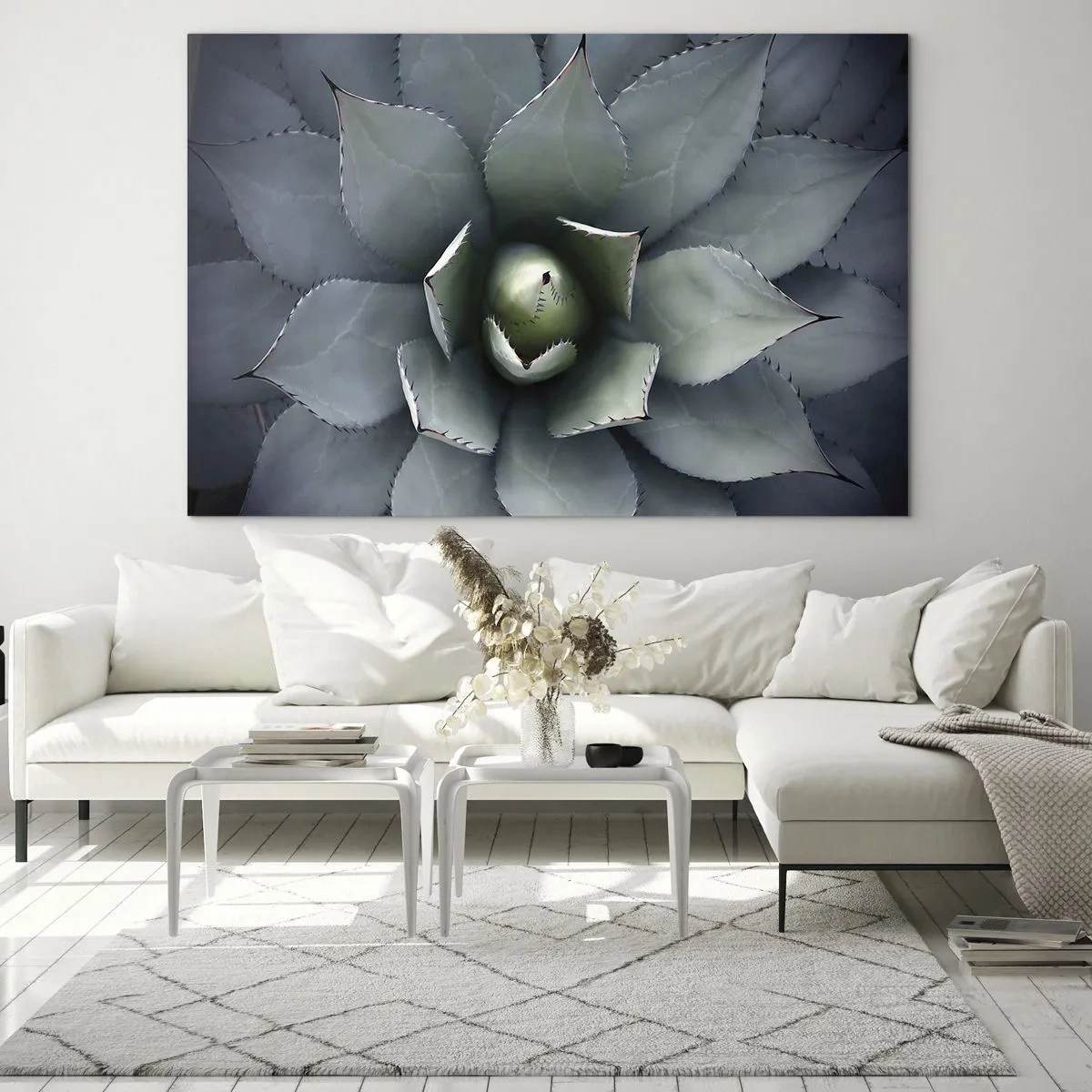 Tablou pe sticlă - Un prim-plan al frunzelor de agave simetrice, de culoarea oțelului. - 70x50cm - Momește și avertizează - Decorațiune modernă pentru perete pentru living și dormitor ARTTOR