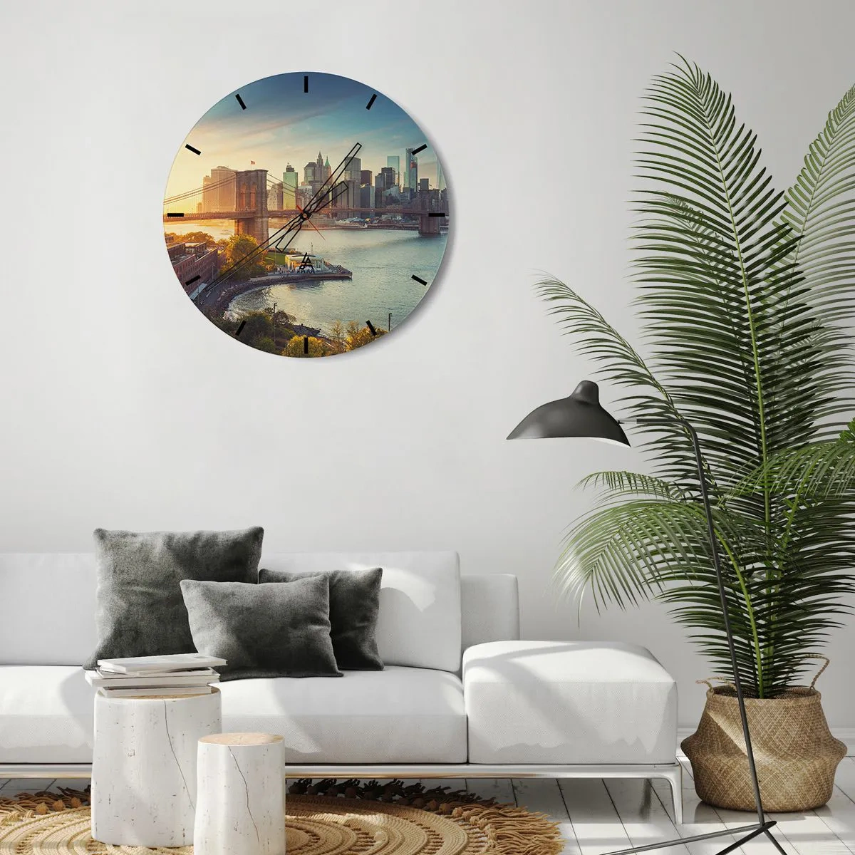Ceas de perete - Ceas pe sticlă - Vedere a podului Brooklyn și a orizontului orașului la apus - 30x30cm - Zorii metropolitani - Decorațiune modernă pentru perete pentru living, bucătărie și dormitor ARTTOR