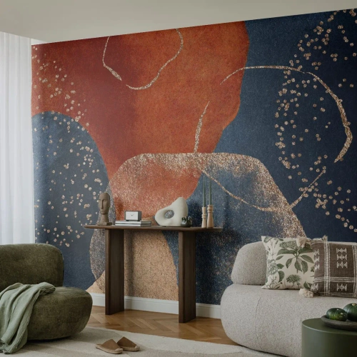 Tapet Standard Eco - Pete abstracte în albastru marin și cupru cu o notă de auriu - 100x70cm - Ușurința de a fi - Decorațiune modernă pentru perete pentru living și dormitor ARTTOR