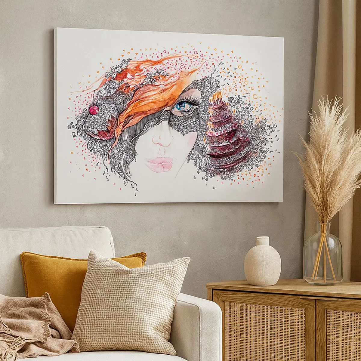 Tablou pe pânză Canvas - Portret artistic al unei femei cu detalii și un accent roșu - 70x50cm - Cu ea fiecare zi e o sărbătoare - Decorațiune modernă pentru perete pentru living și dormitor ARTTOR