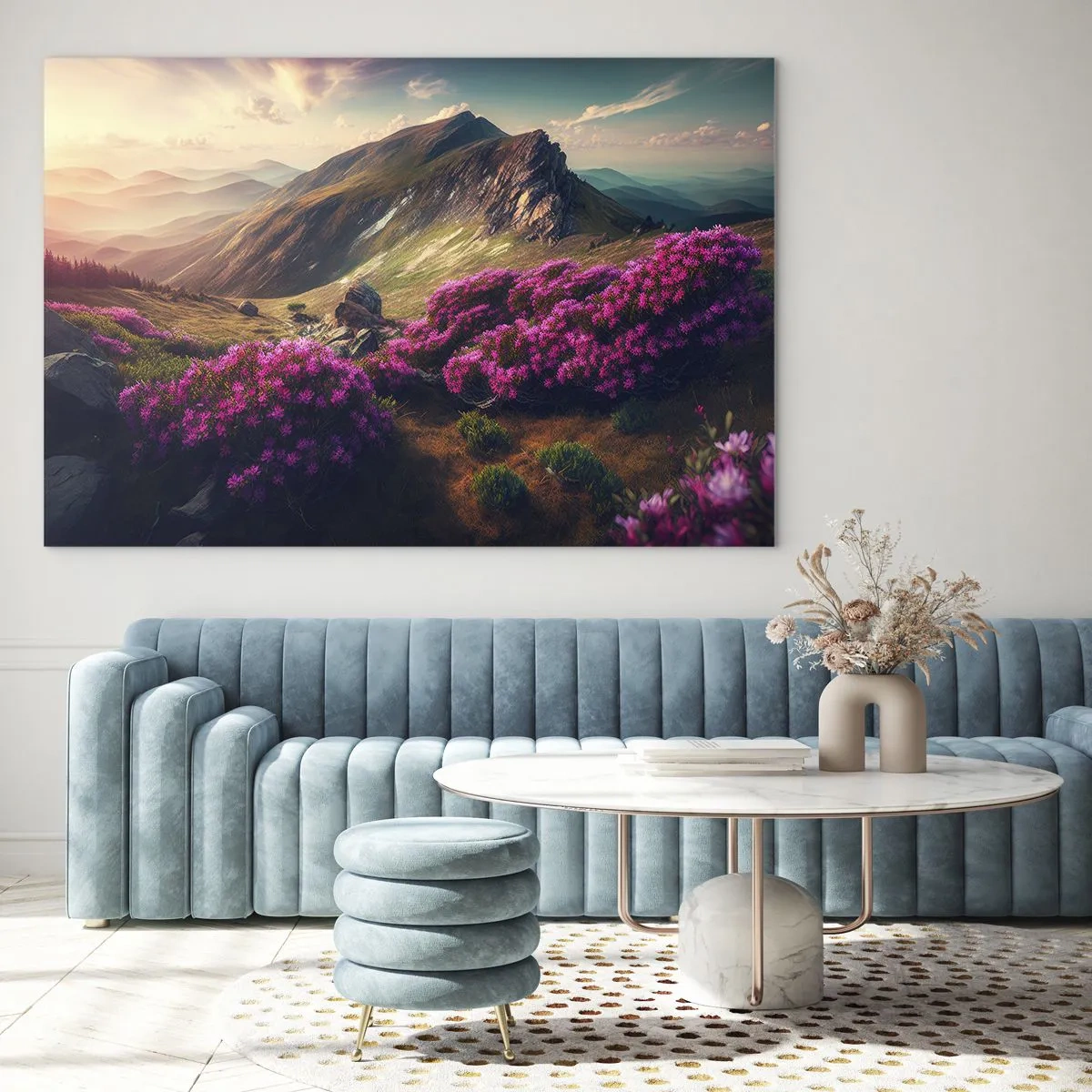 Tablou pe sticlă - Peisaj montan de vară cu erică roz înflorită - 70x50cm - Vara la munte - Decorațiune modernă pentru perete pentru living și dormitor ARTTOR