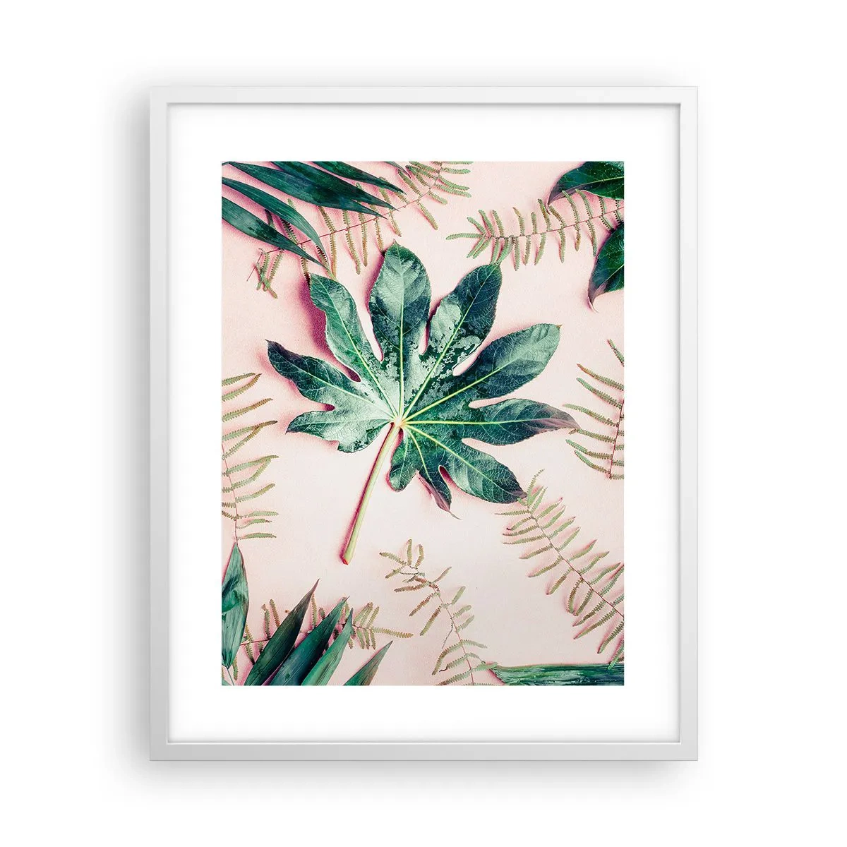 Poster în ramă albă - Studiu de verdeață pe un fundal roz - 40x50 cm