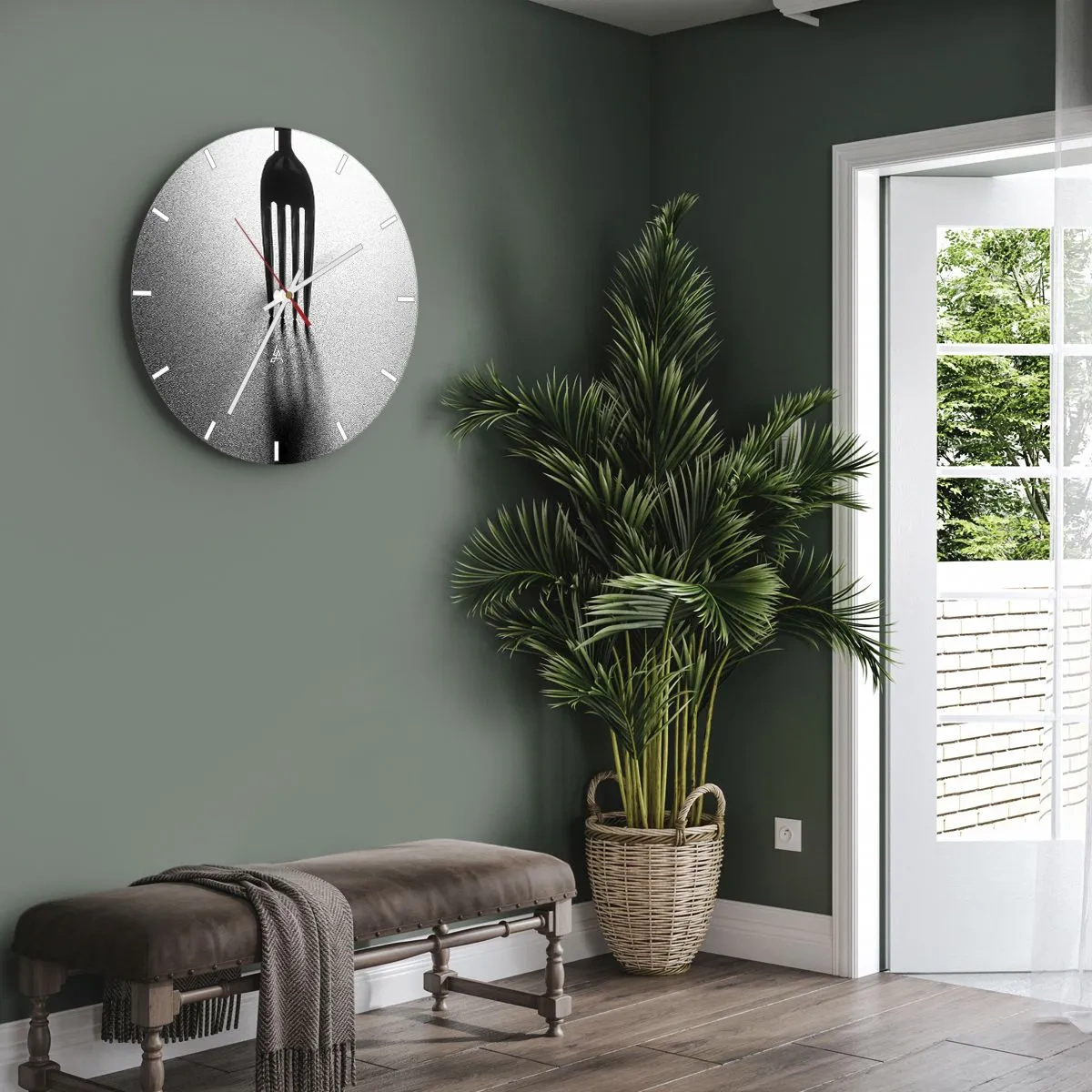 Ceas de perete - Ceas pe sticlă - Furculiță neagră pe fundal argintiu cu umbră - 30x30cm - Lumină și umbră - Decorațiune modernă pentru perete pentru living, bucătărie și dormitor ARTTOR