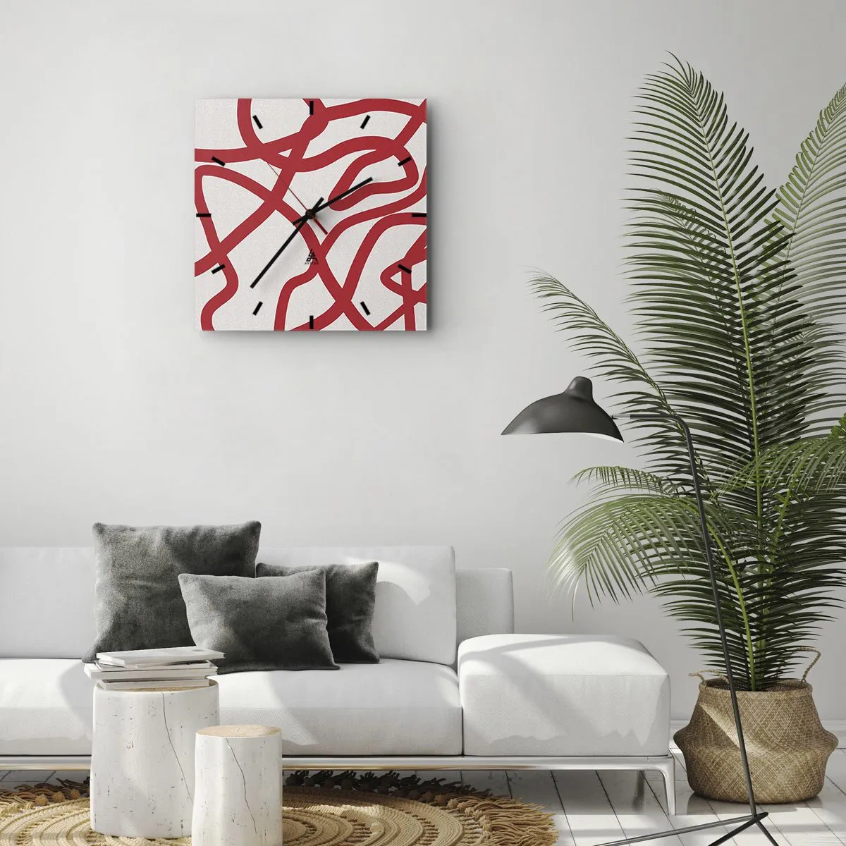 Ceas de perete - Ceas pe sticlă - Roșu pe alb - 30x30 cm