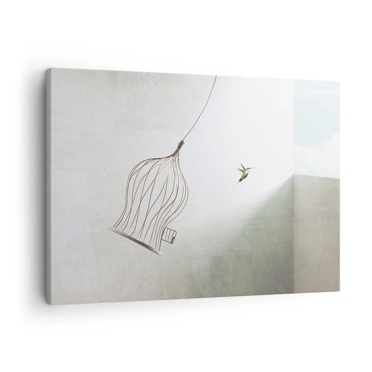 Tablou pe pânză Canvas - O pasăre eliberată dintr-o cușcă pe fundalul unui cer luminos - 70x50cm - Eliberat - Decorațiune modernă pentru perete pentru living și dormitor ARTTOR